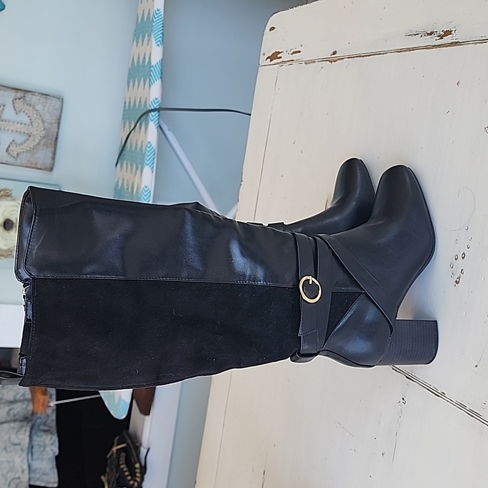 Liz Claiborne Size 6 tall black leather and suede dress boots with gold accent.